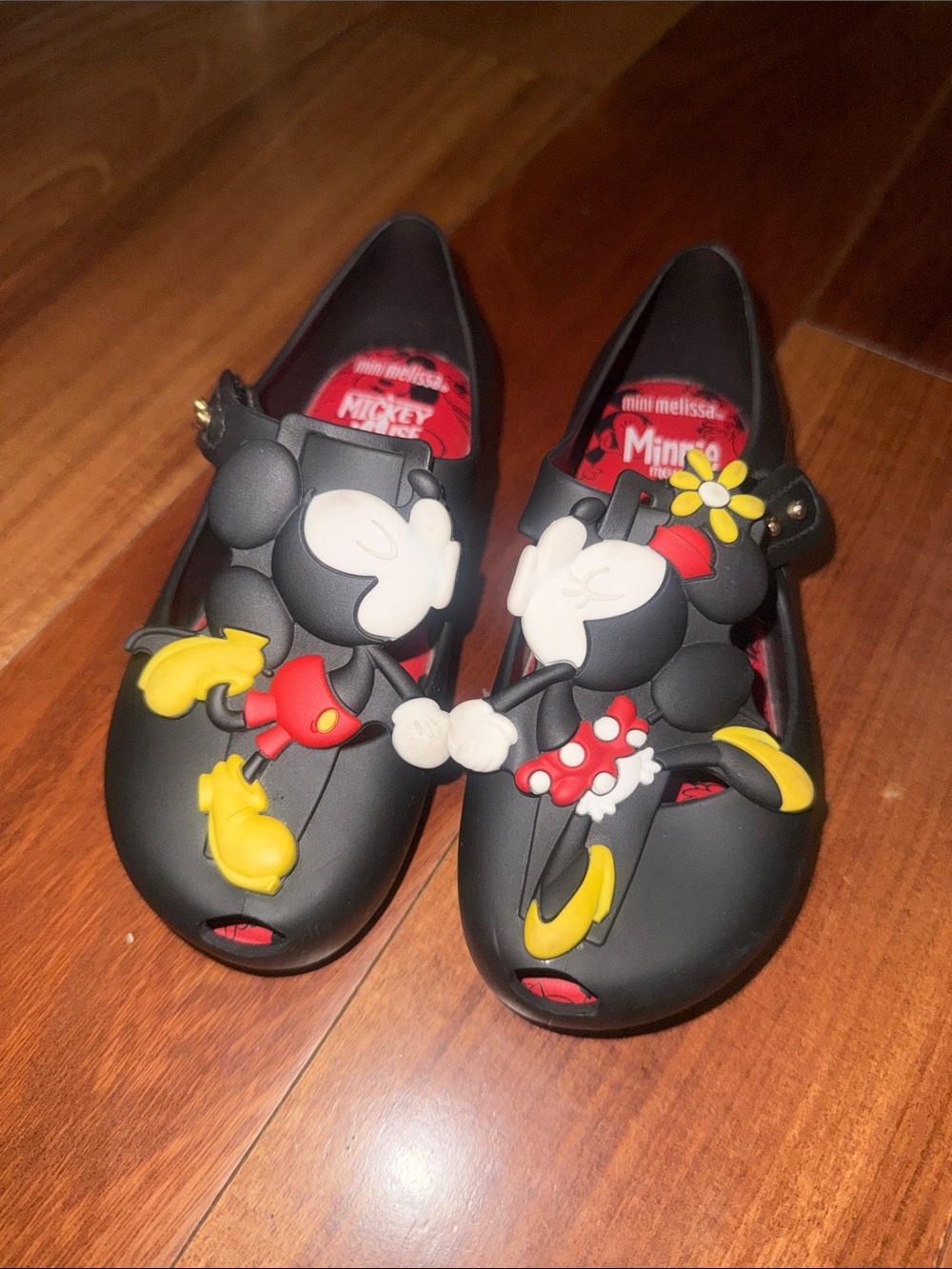 Mini Melissa Black Jelly Shoes with Red and Yellow Mickey & Minnie Appliqués